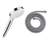 hansgrohe Crometta - Pommeau de douche 2 types de jet, Douchette à main ronde (diamètre 100 mm), Blanc/chromé & Metaflex Flexible de douche 160 cm, chromé, 28266000