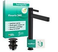 hansgrohe Finoris levier unique mitigeur lavabo 76072670 avec ouverture par pression garniture de vidange , saillie 208 mm, noir mat