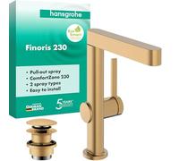 hansgrohe Finoris - Mitigeur de lavabo avec vidage Push-Open, avec douchette extractible, Robinet de salle de bain avec hauteur sous bec 221 mm, max. 5l/min (EcoSmart), Bronze brossé, 76063140