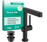 hansgrohe Finoris - Mitigeur de lavabo avec vidage Push-Open, Douchette extractible, 2 jets, Robinet de salle de bain, Hauteur sous bec 221 mm, max. 5l/min (EcoSmart), Noir chromé brossé, 76063340