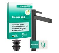 hansgrohe Finoris robinetterie de lavabo 260 CoolStart pour lavabos à poser, avec vidage Push-Open, 76072340, Couleur: Chrome noir brossé