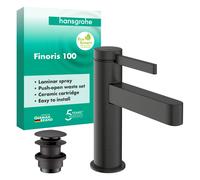 hansgrohe Finoris robinetterie de lavabo monocommande 100 avec vidage PUSH-Open, portée 126mm, 76010340, Couleur: Chrome noir brossé