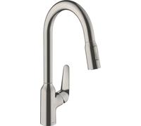 hansgrohe Focus M42 mitigeur monocommande de cuisine M42 220, douchette coulissante, 2 jets, 71800800, Couleur: Finition en acier inoxydable