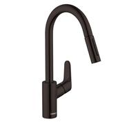 hansgrohe Focus Robinet de cuisine noir à arc élevé, robinets de cuisine avec pulvérisateur extractible, robinet pour évier de cuisine, tête de pulvérisation magnétique, noir mat 04505670, 1,75 mm