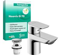 hansgrohe Neovis Q 71346000 Mitigeur de lavabo avec bonde push-open, robinet de salle de bain avec bec hauteur 63 mm, mitigeur lavabo économe en eau (EcoSmart), chrome, 71346000