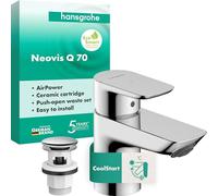 hansgrohe Neovis Q 71350000 Robinet de lavabo avec bonde push-open, économie d'énergie (CoolStart), robinet de salle de bain avec bec Hauteur 63 mm, Mitigeur lavabo économe en eau (EcoSmart), chromé
