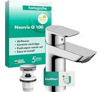 hansgrohe Neovis Q 71352000 Robinet de lavabo avec bonde push-open, économie d'énergie (CoolStart), robinet de salle de bain avec bec Hauteur 96 mm, Mitigeur lavabo économe en eau (EcoSmart), chrome