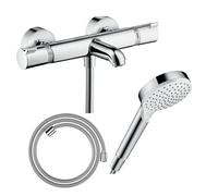 Hansgrohe Pack mitigeur Bain thermostatique Ecostat Comfort + Flexible Designflex 1,6m + Pommeau Vernis Blend EcoSmart chromé