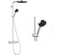 hansgrohe Pulsify S Puro - Colonne de douche avec mitigeur thermostatique, douche pluie (260mm) avec robinet, douchette (3 jets), support, flexible, barre et douche de tête ronde, Chromé, 24236000