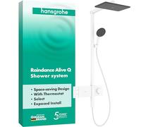 hansgrohe Raindance Alive Q 24590700 Système de douche avec thermostat, douche à effet pluie (340 x 210 mm) avec robinet, douchette, tuyau, barre de douche et pommeau de douche (2 types de jets