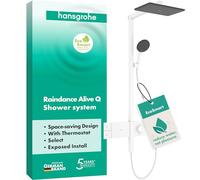hansgrohe Raindance Alive Q - Colonne de douche max. 8 l/min (EcoSmart) avec mitigeur thermostatique, douche pluie, douchette, support, tuyau de douche, barre et tête de douche, Blanc mat, 24581700