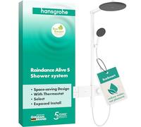 hansgrohe Raindance Alive S - Colonne de douche max. 8 l/min (EcoSmart) avec mitigeur thermostatique, douche pluie, douchette, support, tuyau de douche, barre et tête de douche, Blanc mat, 24583700