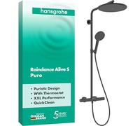 hansgrohe Raindance Alive S Puro 24592340 Système de douche avec thermostat, douche à effet pluie, 300 mm, mitigeur, douchette, tuyau, barre de douche et pommeau de douche rond Noir brossé