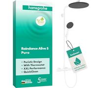 hansgrohe Raindance Alive S Puro - Colonne de douche max. 8 l/min (EcoSmart) avec mitigeur thermostatique, douche pluie douchette, support, tuyau douche, barre et tête de douche, Blanc mat, 24593700