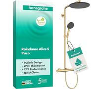 hansgrohe Raindance Alive S Puro - Colonne de douche max. 8 l/min (EcoSmart) avec mitigeur thermostatique, douchette, support, tuyau de douche, barre et tête de douche, Aspect doré poli, 24593990
