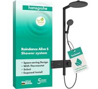 hansgrohe Raindance Alive S Système de douche à économie d'eau (EcoSmart) avec thermostat, douche effet pluie (300 mm) avec robinet, douchette, tuyau, barre de douche et pommeau rond, noir mat