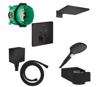 Hansgrohe Raindance e Ensemble de douche - partie encastrable - pomme de douche - douchette à main - mitigeur - coude mural - support de douche - flexible de douche - noir mat 457051/SW297590/SW297303