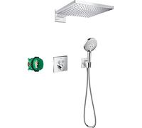 hansgrohe Raindance E - Set de douche encastré avec mitigeur thermostatique, pommeau de douche, flexible de douche, douche de tête carrée (300 x 300 mm) et corps d’encastrement, Chromé, 27952000