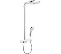 hansgrohe Raindance Select E - Colonne de douche avec mitigeur thermostatique, douche pluie 300 mm avec robinet, douchette, support, flexible, barre et douche de tête carrée, Blanc mat, 27127400