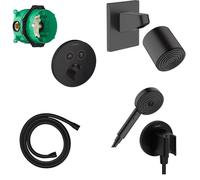 Hansgrohe Showerselect Ensemble de douche - élément encastré - flexible de douche - thermostat - douchette - pomme de douche - raccord mural pomme de douche - support douchette - noir mat 457051/SW297