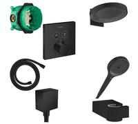 Hansgrohe Showerselect Ensemble de douche - élément encastré - robinet encastré - coude mural - support mural - flexible de douche - douche de tête - douchette - noir mat 457051/SW297305/SW297535/SW29