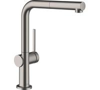 hansgrohe Talis M54 72809340 Robinet de cuisine avec douchette extractible, avec boîtier de tuyau (sBox), 1 pulvérisateur, robinet d'évier de cuisine avec bec pivotant, noir brossé chromé