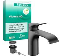 hansgrohe Vivenis 75010340 Mitigeur de lavabo avec tirette de vidage, robinet de salle de bain avec bec hauteur 80 mm, mitigeur lavabo économe en eau (EcoSmart), chrome noir brossé