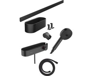 hansgrohe WallStoris - Ensemble d'accessoires pour la salle de bain sans percage 7 pièces, avec Pommeau de douche économie d'eau, Mitigeur thermostatique douche et Accessoires, Noir mat, 24250670