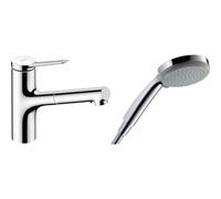 hansgrohe Zesis M33 - Mitigeur de cuisine avec douchette extractible, 2 jet & Croma 100 - Pommeau de douche 4 types de jet, Douchette à main ronde (diamètre 100 mm)