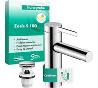 hansgrohe Zesis S 74724000 Mitigeur de lavabo avec bonde push-Open à économie d'énergie (CoolStart) avec hauteur d'écoulement 104 mm Robinet mitigeur économie d'eau (EcoSmart+) Chromé