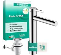 hansgrohe Zesis S Mitigeur monocommandé de lavabo 230 CoolStart pour lavabos à poser, avec vidage à tirette, 74730000, Couleur: chrome