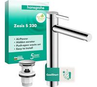 hansgrohe Zesis S Mitigeur monocommandé de lavabo 230 CoolStart pour lavabos à poser, avec vidage Push-Open, chrome, 74732000