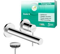 hansgrohe Zesis S 74750000 Robinet de lavabo encastré pour montage mural avec bonde, robinet de salle de bain, longueur de bec 19,4 cm, mitigeur économiseur d'eau (EcoSmart+), chromé,