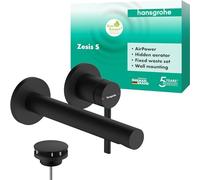 hansgrohe Zesis S 74750670 Robinet de lavabo encastré pour montage mural avec bonde, robinet de salle de bain, longueur de bec 19,4 cm, mitigeur économiseur d'eau (EcoSmart+), noir mat