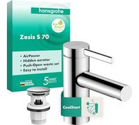 hansgrohe Zesis S - Mitigeur de lavabo avec vidage Push-Open, CoolStart, Robinet de salle de bain avec hauteur sous bec 74 mm, max. 4l/min (EcoSmart+), Chromé, 74715000