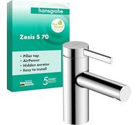 hansgrohe Zesis S - Mitigeur de lavabo eau froide sans tirette ni vidage, Robinet de salle de bain avec hauteur sous bec 74 mm, max. 5l/min (EcoSmart), Chromé, 74713000