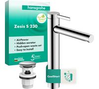 hansgrohe Zesis S Mitigeur monocommandé de lavabo 230 CoolStart pour lavabos à poser, avec vidage Push-Open, chrome, 74732000
