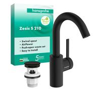 hansgrohe Zesis S Mitigeur monocommandé pour lavabo 210 CoolStart, avec bec pivotant et vidage Push-Open, 74742670, Couleur: noir mat