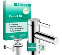 hansgrohe Zesis S 74710000 Robinet de lavabo avec tirette, économe en énergie (CoolStart), robinet de salle de bain avec hauteur de bec 74 mm, mitigeur à économie d'eau (EcoSmart+), chromé,