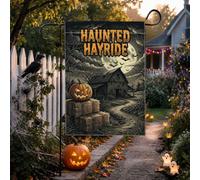 Hanted Hayride Drapeau de jardin citrouilles thème Halloween 30,5 x 45,7 cm | Paysage effrayant de grange, drapeau de cour, atmosphère étrange au clair de lune, design rustique de balle de foin