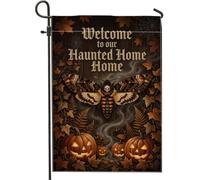 Hanted Home Drapeau de jardin avec citation en forme de papillon 30,5 x | Jack-o'-lanterns, drapeau de pelouse, feuilles d'automne, typographie gothique, toiles d'araignées effrayantes