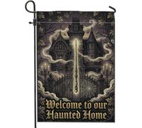 Hanted Mansion Drapeau de jardin avec citation de bienvenue Halloween 30,5 | Architecture gothique, drapeau de pelouse, baguette magique, toile d'araignée, feuilles d'automne, candélabre