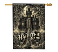 Hanted Mansion Drapeau gothique pour maison d'Halloween 71 x 101 cm | Architecture gothique, drapeau de pelouse, motif balai, fond croissant de lune, rouleau complexe