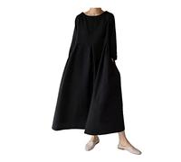 HANTONGHAO Robe Ample Grande Taille Style coréen Japonais Coton Lin Couleur Unie Longue Robe
