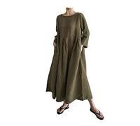 HANTONGHAO Robe Ample Grande Taille Style coréen Japonais Coton Lin Couleur Unie Longue Robe