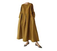 HANTONGHAO Robe Ample Grande Taille Style coréen Japonais Coton Lin Couleur Unie Longue Robe