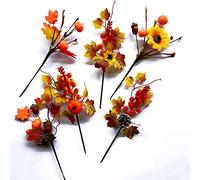 HANTURE Lot de 6 pics artificiels pour baies d'automne - Tiges de citrouille orange assorties - Feuilles d'érable artificielles avec tournesol, citrouille, brindilles florales, bouquet de Thanksgiving, décoration d'intérieur
