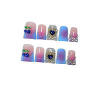 Hantyer Lot de 10 faux ongles à presser avec kit d'outils, ongles courts brillants en forme de bec de canard, strass et cœur avec gouttes d'eau 3D, style Sweet Edge pour fêtes et événements spéciaux