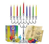 Hanukkah Menorah Set - Ensemble Menorah Hanouka Chandelier - Petite Menorah 9 Branches, Bougies, Dreidels, Jouer de L'argent Et Instructions Pour La Fête De Hanoucca - Argent