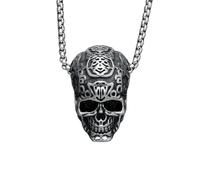 Hao Wu Xuan Collier tête de Mort sculpté Hommes rétro Squelette Pendentif chaîne 316L Acier Inoxydable Vintage Punk Hip Hop Rap pour Motard mâle Bijoux Cadeau